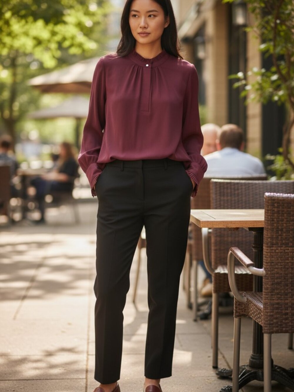 🍇 Calvin Klein Burgundy Blouse Pleated Collar Long Sleeve Work Top